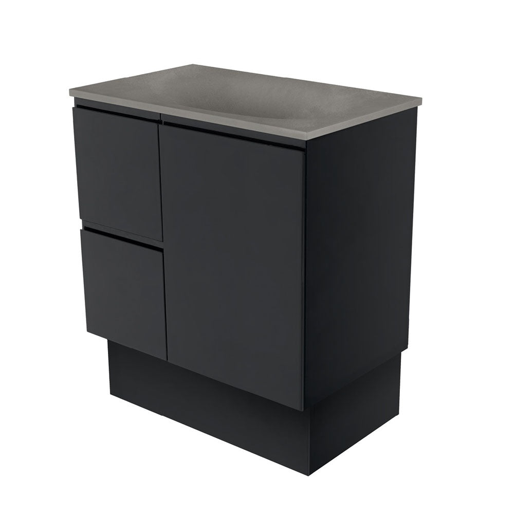 Fienza SAT75ZBKL Satori Fingerpull On Kickboard Vanity, 750mm, Left Drawers, Satin Black