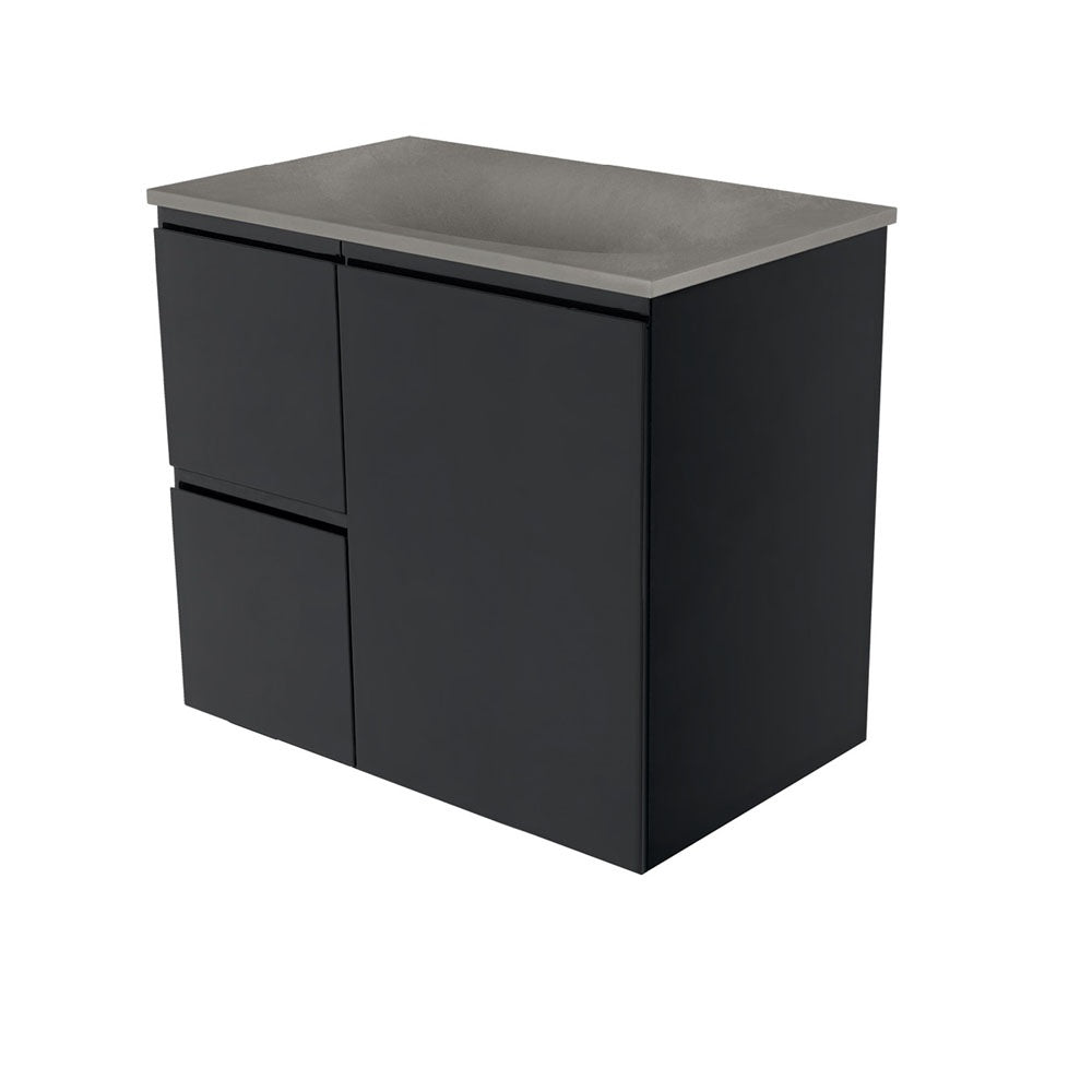 Fienza SAT75ZBL Satori Fingerpull Wall Hung Vanity, 750mm, Left Drawers, Satin Black
