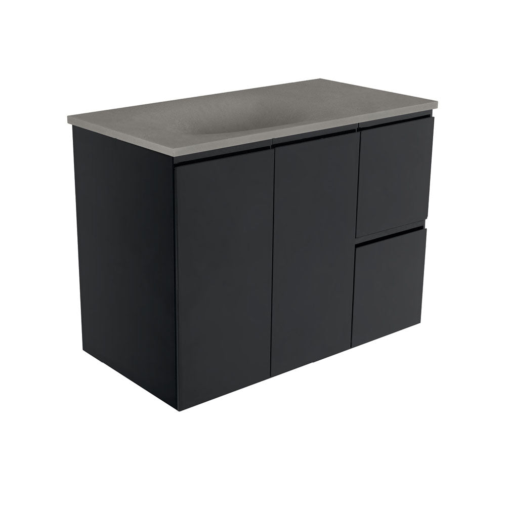 Fienza SAT90ZBR Satori Fingerpull Wall Hung Vanity, 900mm, Right Drawers, Satin Black