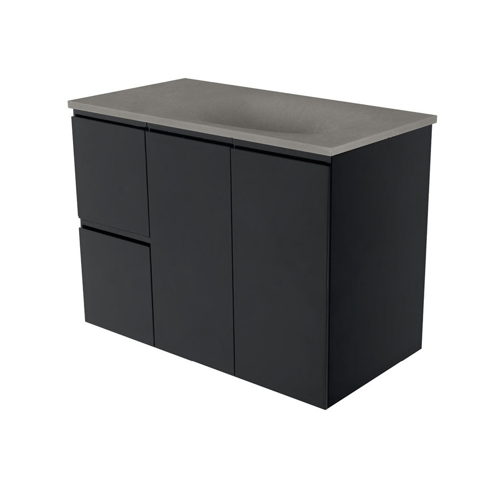 Fienza SAT90ZBL Satori Fingerpull Wall Hung Vanity, 900mm, Left Drawers, Satin Black