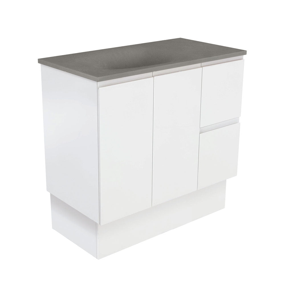 Fienza SAT90ZKR Satori Fingerpull On Kickboard Vanity, 900mm, Right Drawers, Satin White