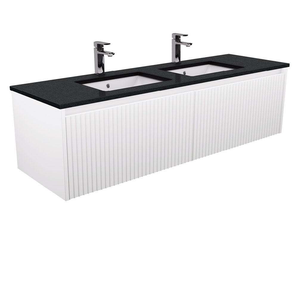 Fienza SB150RWD Sarah Black Sparkle Undermount Double Bowl 1500mm Alina Satin White Wall-Hung Vanity