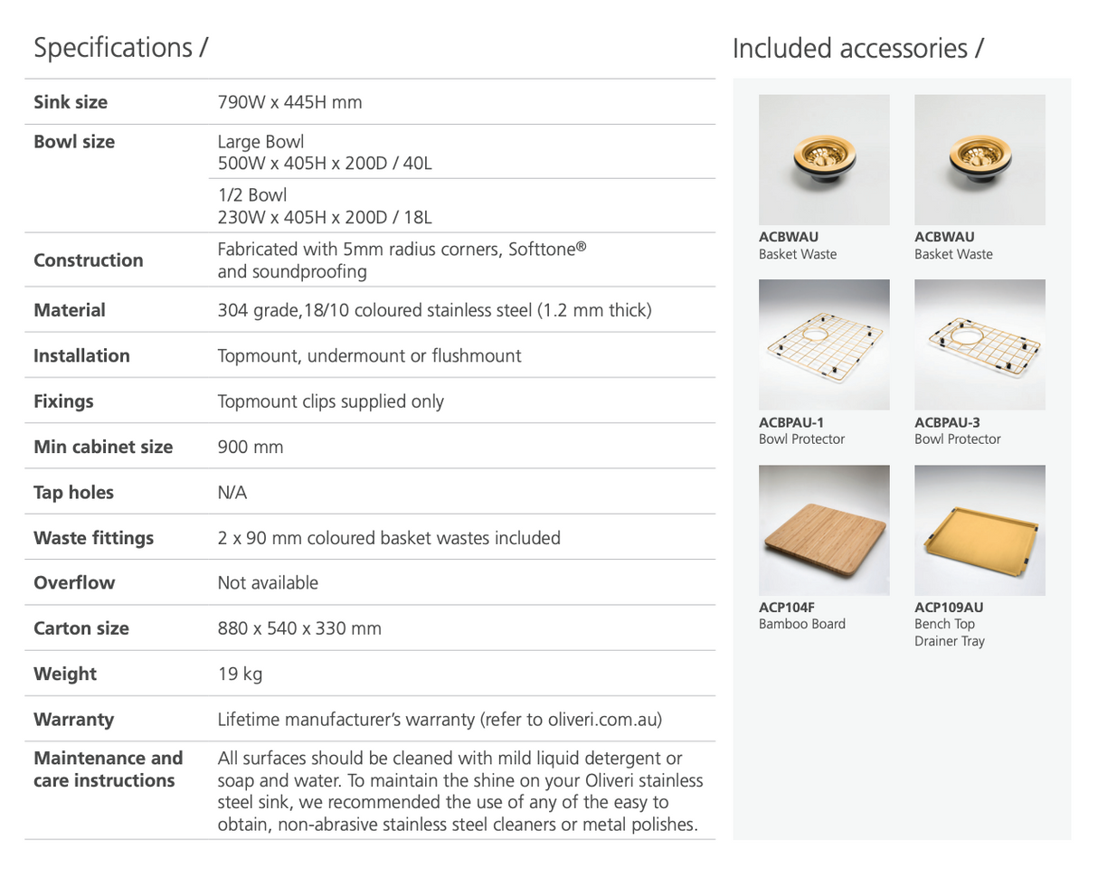 Oliveri SB35AU Spectra Top or Undermount 1 and 1/2 Bowl Brushed Gold Sink