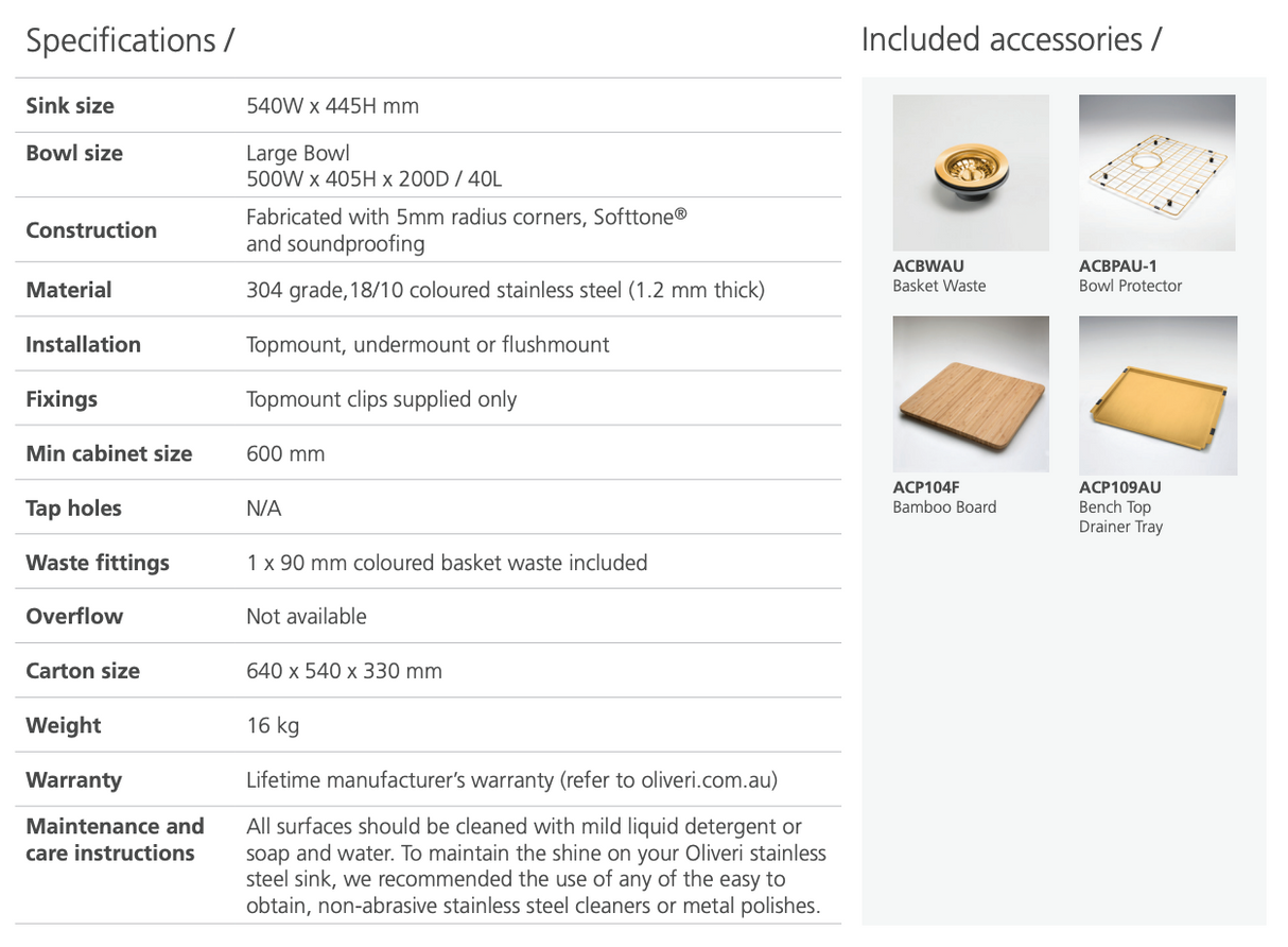Oliveri SB50AU Spectra Top or Undermount Single Bowl Brushed Gold Sink