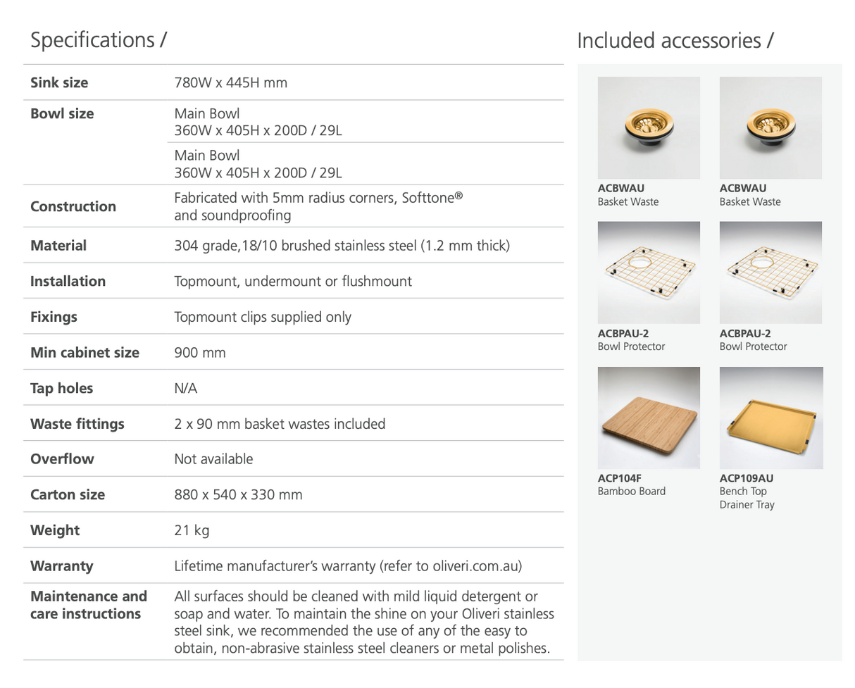 Oliveri SB63AU Spectra Top or Undermount Double Bowl Brushed Gold Sink