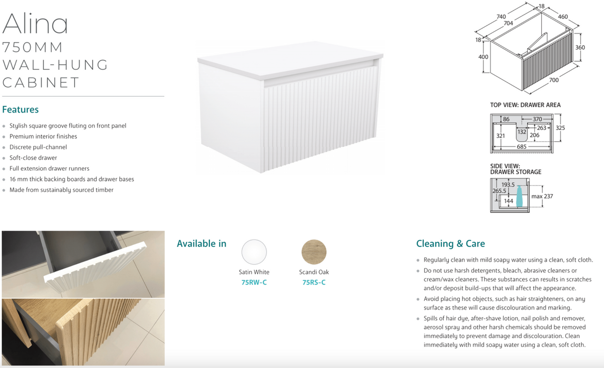 Fienza SA75RSC 750 Sarah Roman Sand Undermount Alina Scandi Oak Wall-Hung Vanity