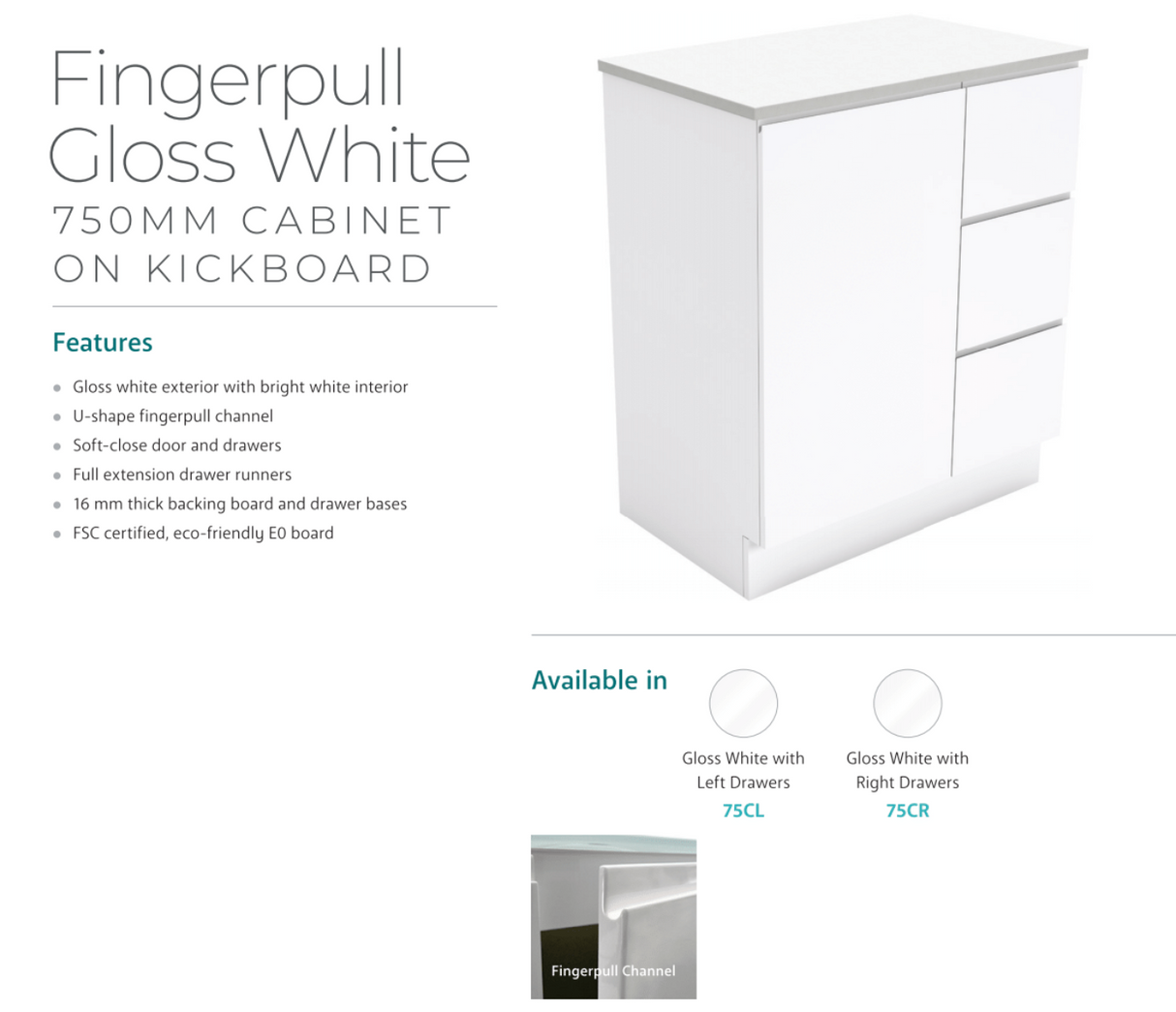 Fienza Crystal Pure Sc75Cl 750Mm Undermount Stone Top Fingerpull Vanity Unit With Kickboard Left