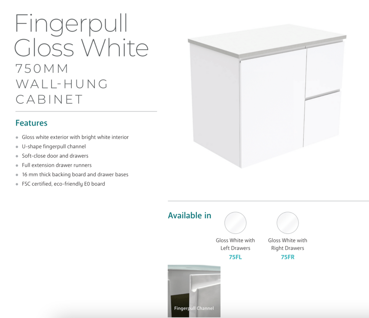 Fienza Crystal Pure 750Mm Sc75Zl Undermount Stone Top Wall Hung Vanity Unit Fingerpull Left Drawers