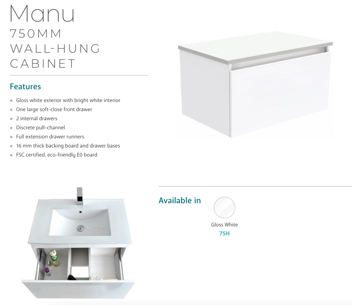 Fienza 750Mm Sc75H Crystal Pure Undermount Stone Top Manu Wall Hung Vanity Unit White - Special