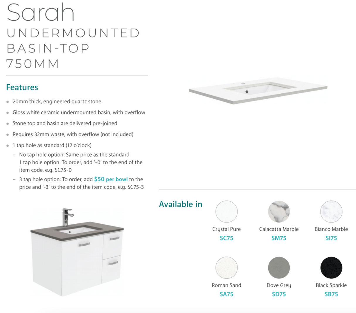 Fienza 750Mm Sc75H Crystal Pure Undermount Stone Top Manu Wall Hung Vanity Unit White - Special