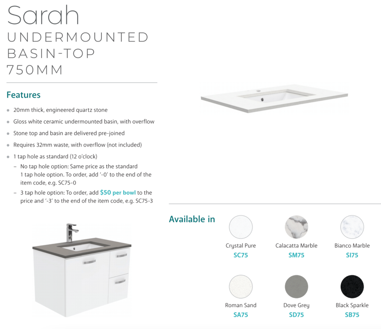 Fienza 750Mm Sc75T Crystal Pure Undermount Stone Top Hampton Wall Hung Vanity Unit White - Special
