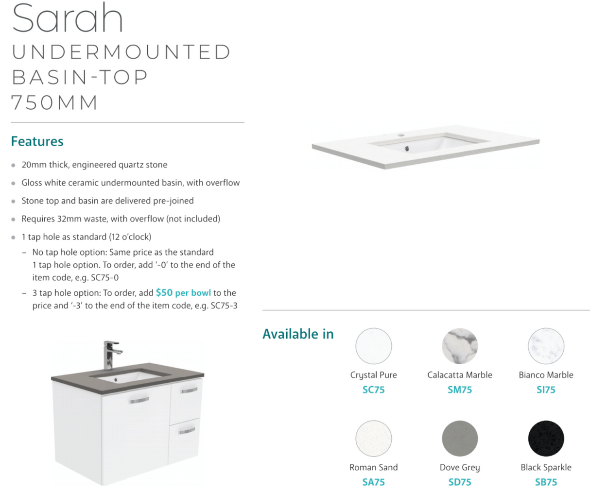 Fienza Crystal Pure 750Mm Sc75Zl Undermount Stone Top Wall Hung Vanity Unit Fingerpull Left Drawers