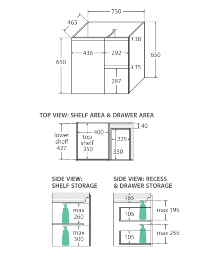 Fienza 750Mm Sc75Zbl Crystal Pure Undermount Stone Top Fingerpull Wall Hung Vanity Unit Left Drawers