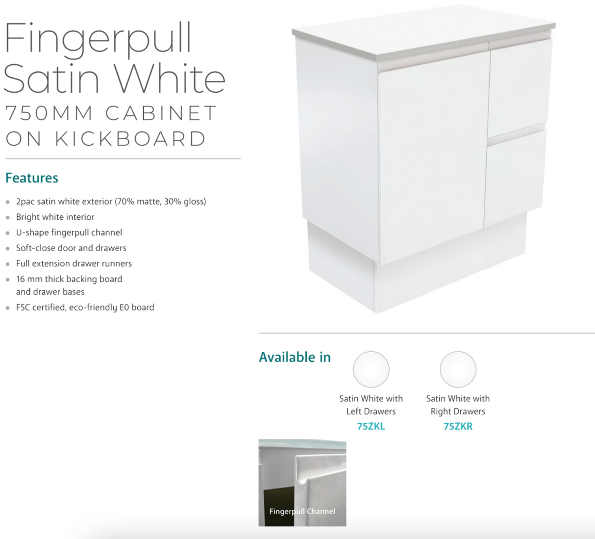 Fienza Sc75Zkr 750Mm Crystal Pure Undermount Stone Top Vanity Unit With Kickboard Fingerpull Right