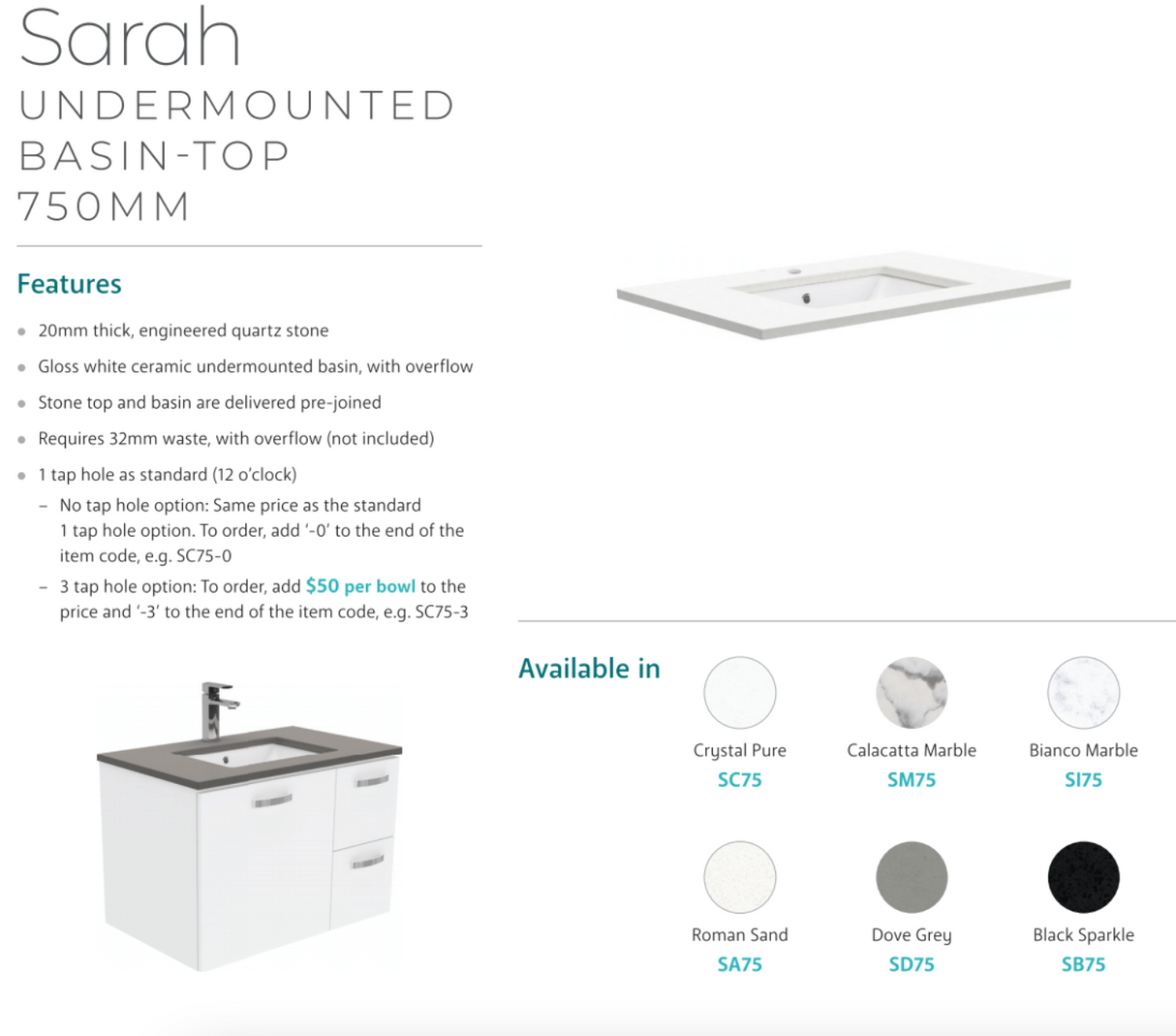 Fienza Sc75Zkl 750Mm Crystal Pure Undermount Stone Top Vanity Unit With Kickboard Fingerpull Left