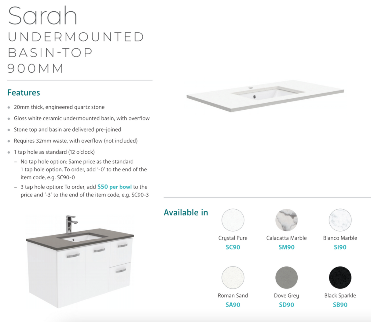 Fienza Sc90Cl 900Mm Crystal Pure Undermount Stone Top Fingerpull Vanity Unit On Kickboard Left