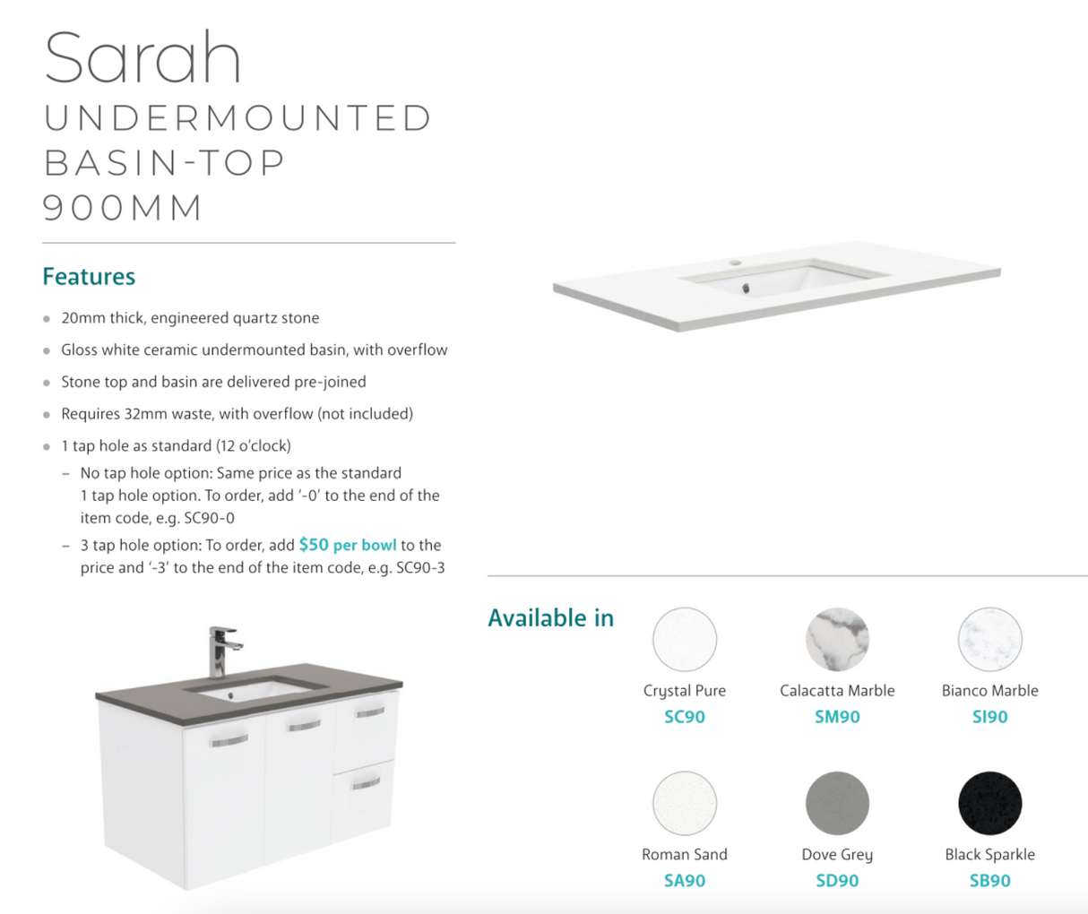Fienza Sc90Fl 900Mm Crystal Pure Undermount Stone Top Fingerpull Wall Hung Vanity Unit Left Drawers