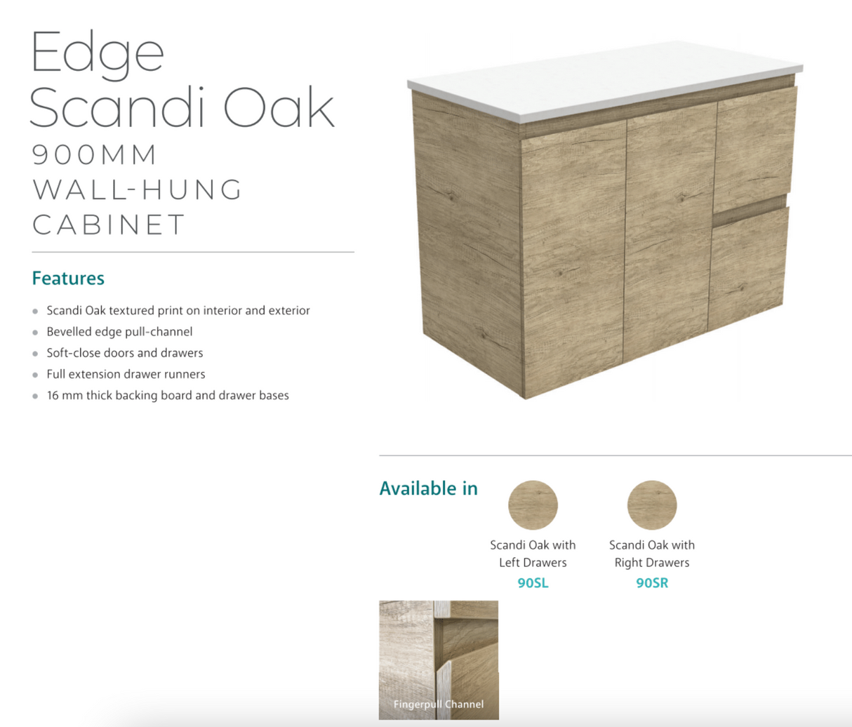 Fienza 900Mm Sc90Sr Crystal Pure Undermount Stone Top Edge Scandi Oak Wall Hung Vanity Unit Right