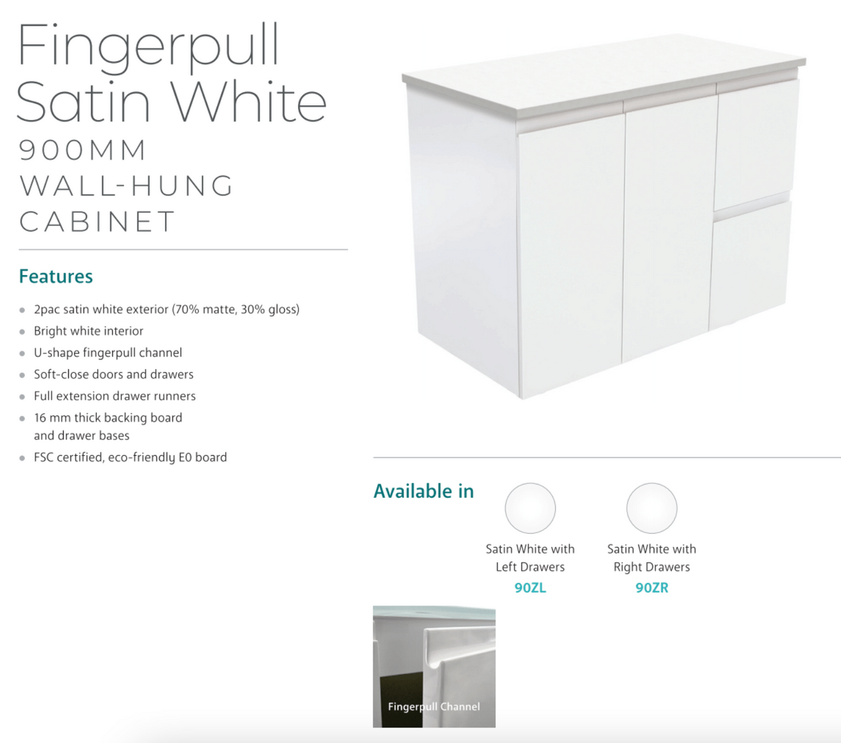 Fienza Sc90Zr 900Mm Crystal Pure Undermount Stone Top Fingerpull Wall Hung Vanity Unit Right Drawers