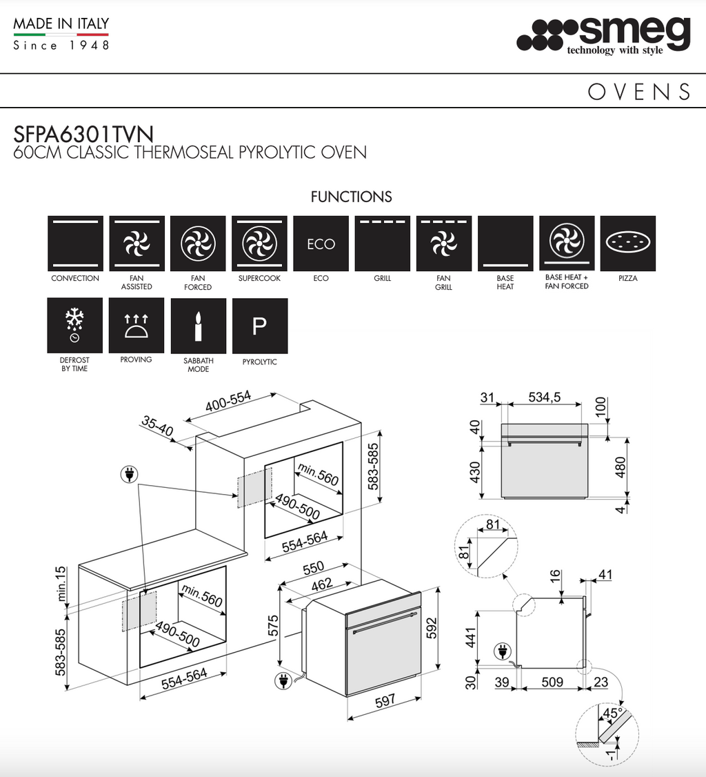 Smeg SFPA6301TVN 60cm Classic Thermoseal Pyrolytic BuiltIn Oven Ex