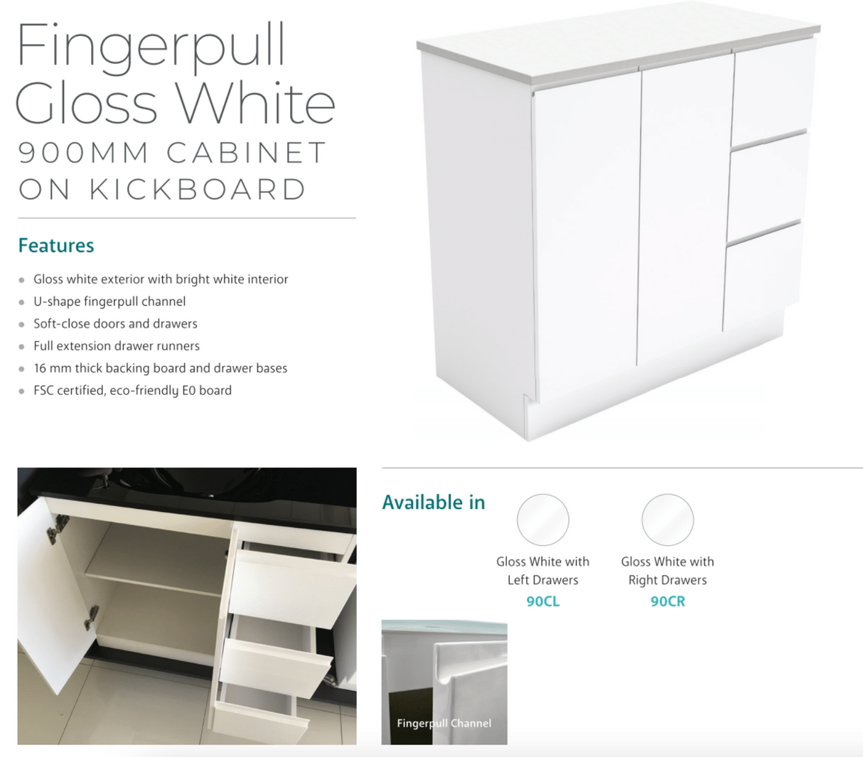 Fienza Sarah 900Mm Si90C Bianco Marble Vanity Unit Fingerpull With Kickboard White - Special Order