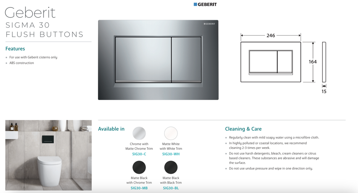 Fienza SIG30-WH Rectangular Flush Buttons for Geberit Sigma 30, Matte White