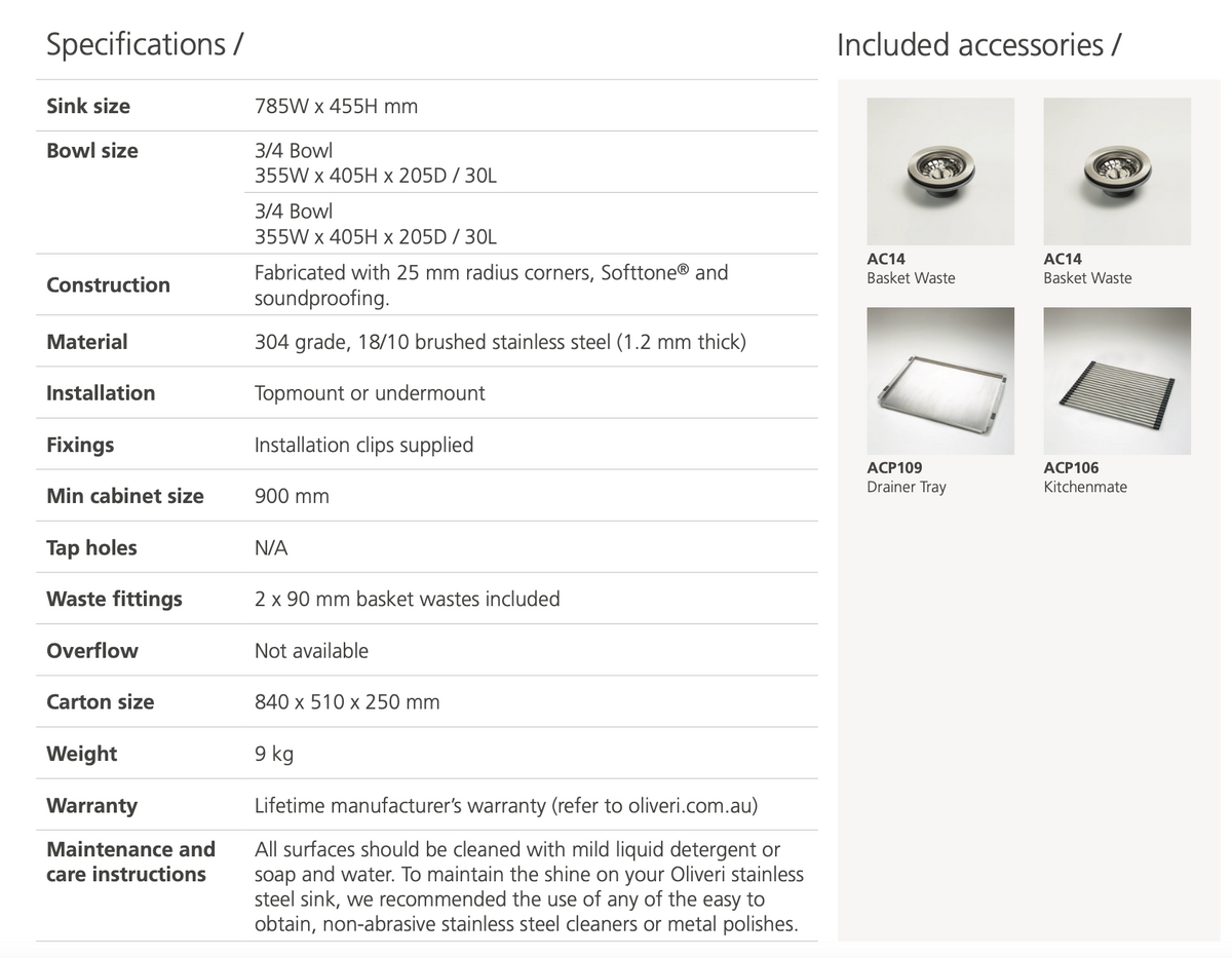 Oliveri Sn63Tu Sonetto Double Bowl Sink - In Stock Undermount Kitchen Sinks