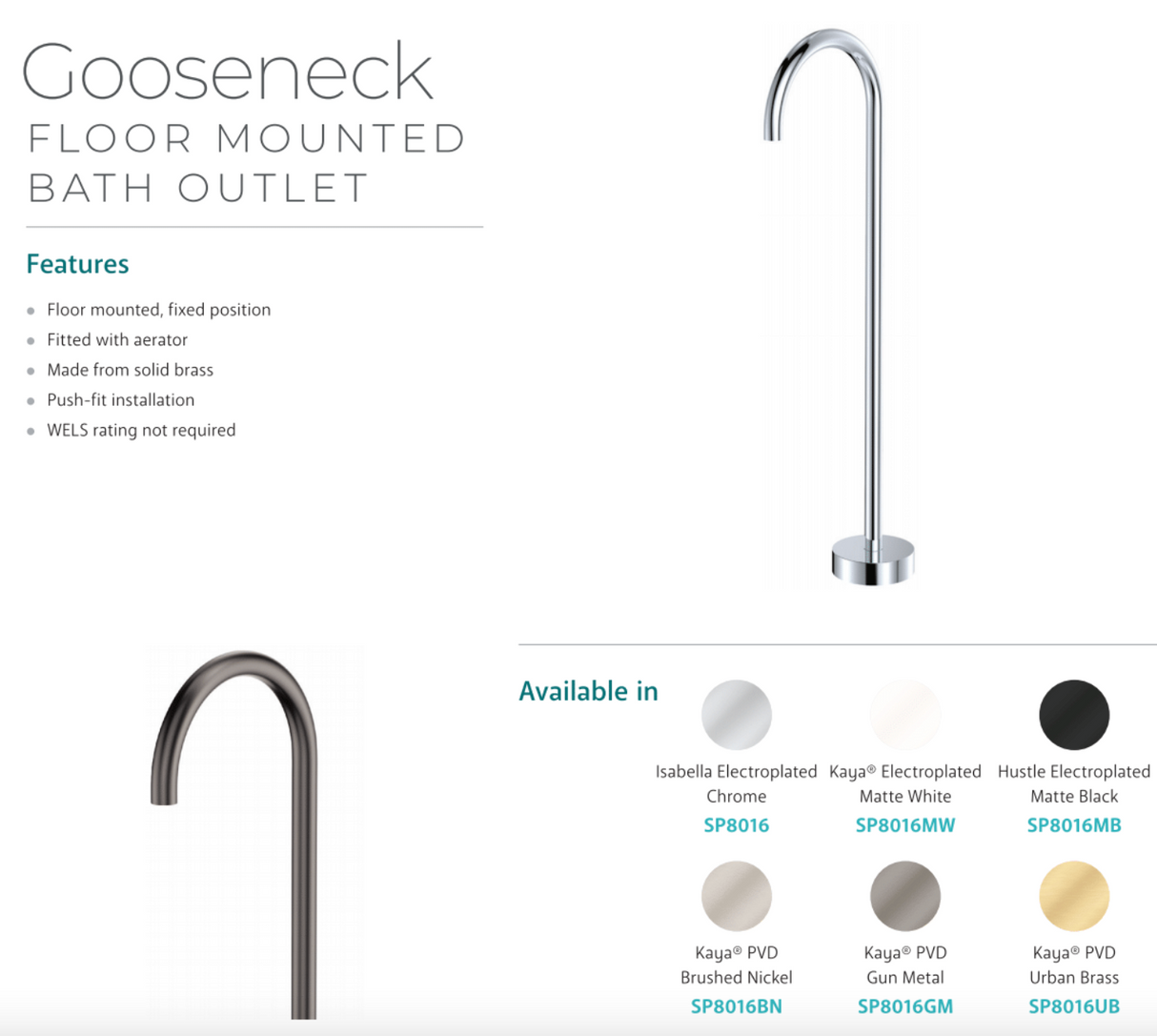 Fienza SP8016MW Kaya Floor Mounted Goosneck Bath Outlet, Matte White