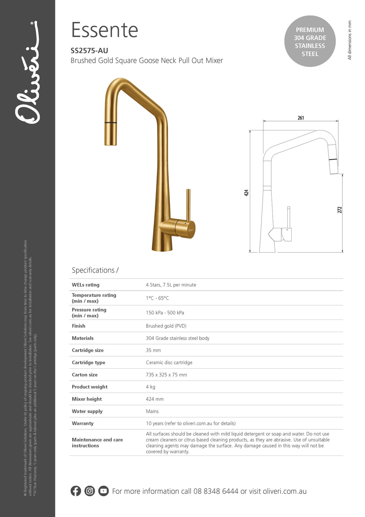 Oliveri SS2575-AU Essente Square Goose Neck Pull Out Mixer, Brushed Gold