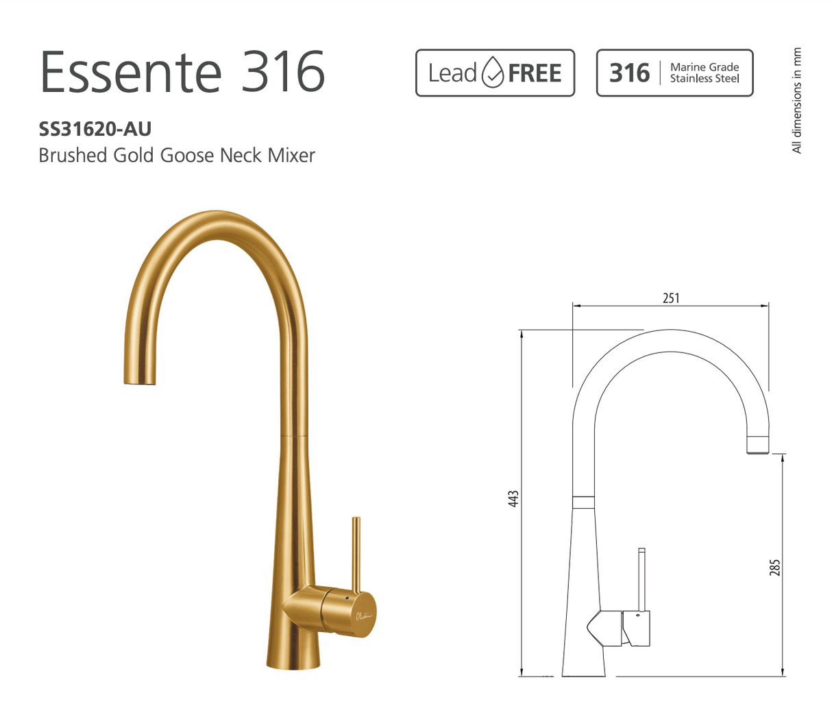 Oliveri SS31620-AU Essente 316 Goose Neck Mixer, Brushed Gold