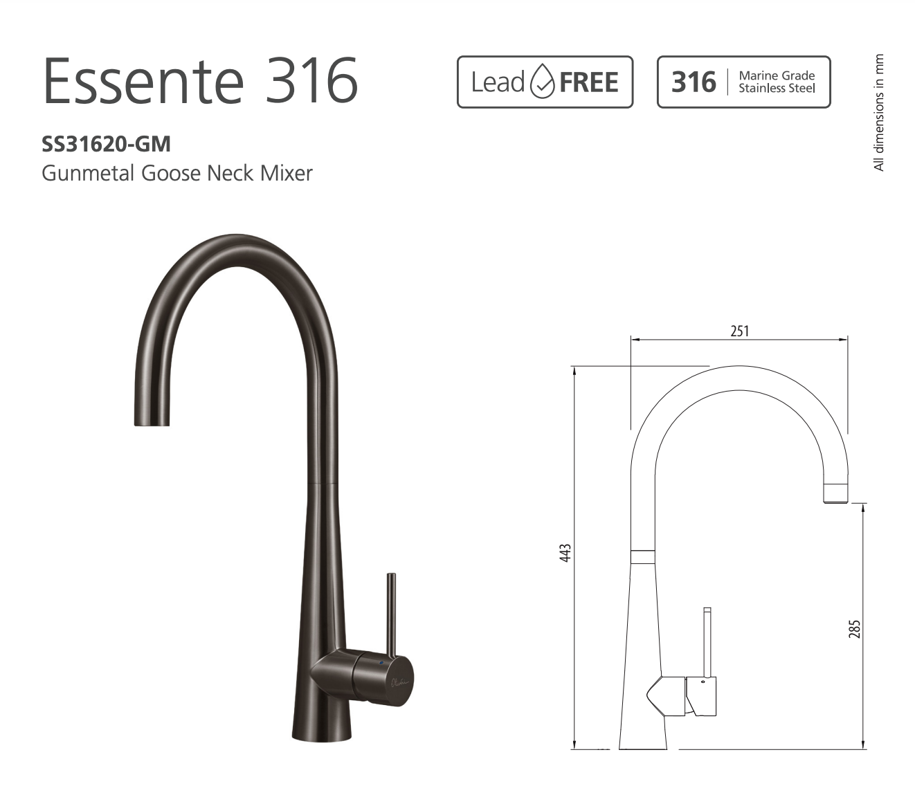Oliveri SS31620-GM Essente 316 Goose Neck Mixer, Gun Metal
