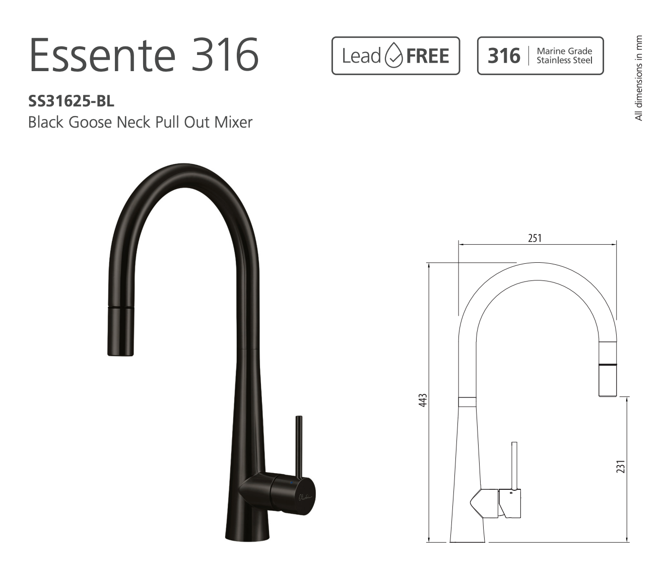 Oliveri SS31625-BL Tap Pull-out Gooseneck Lead Free, Black