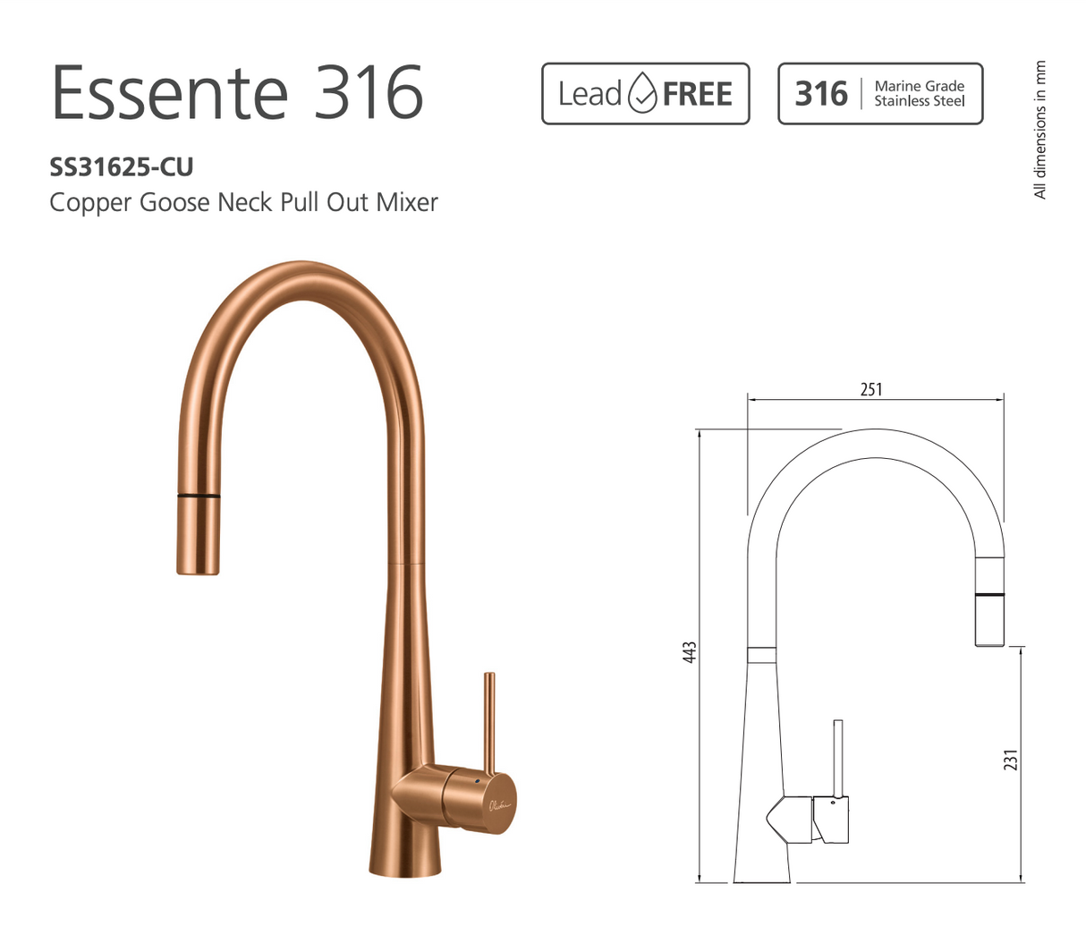 Oliveri SS31625-CU Tap Pull-out Gooseneck Lead Free, Copper