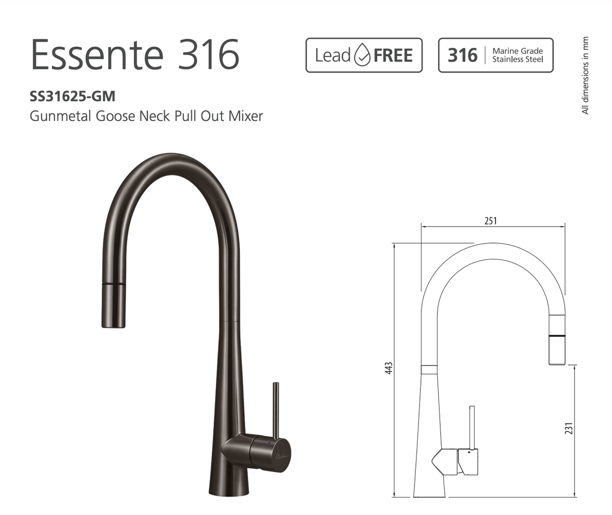 Oliveri SS31625-GM Essente Sink Mixer Gooseneck with Pull Out Lead Free, Gunmetal