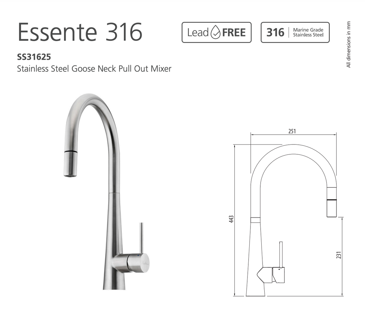 Oliveri SS31625 Tap Pull-out Gooseneck Lead Free, Stainless Steel
