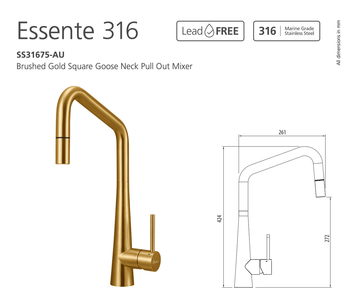 Oliveri SS31675-AU Essente 316 Stainless Steel Square Goose Neck Pull Out Mixer