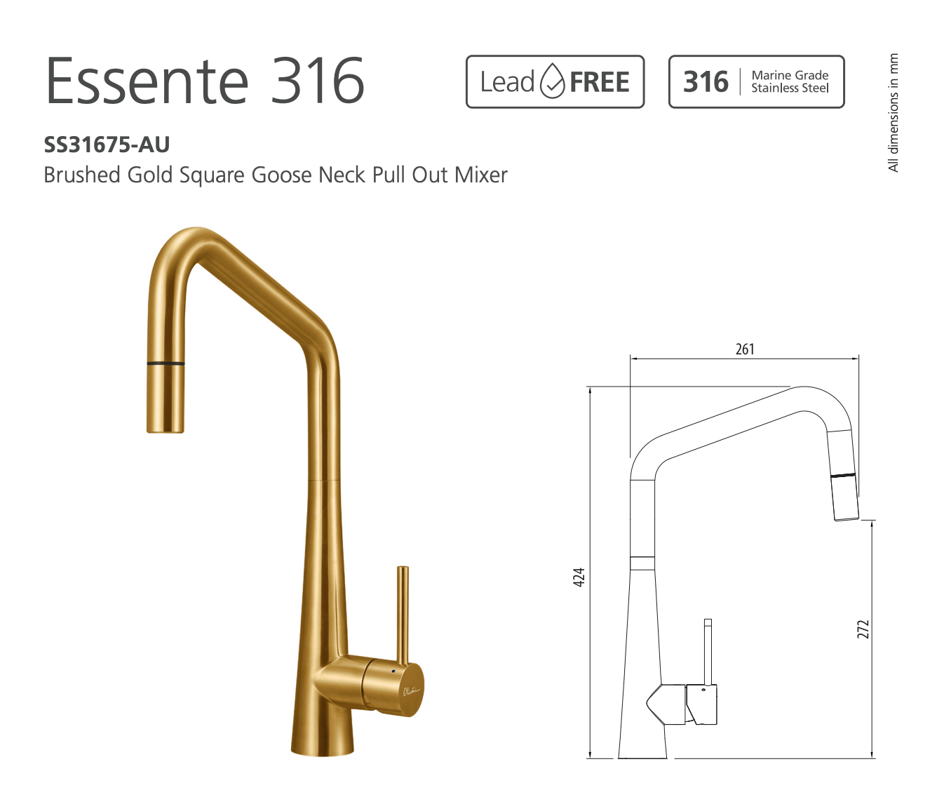 Oliveri SS31675-AU Essente 316 Stainless Steel Square Goose Neck Pull Out Mixer