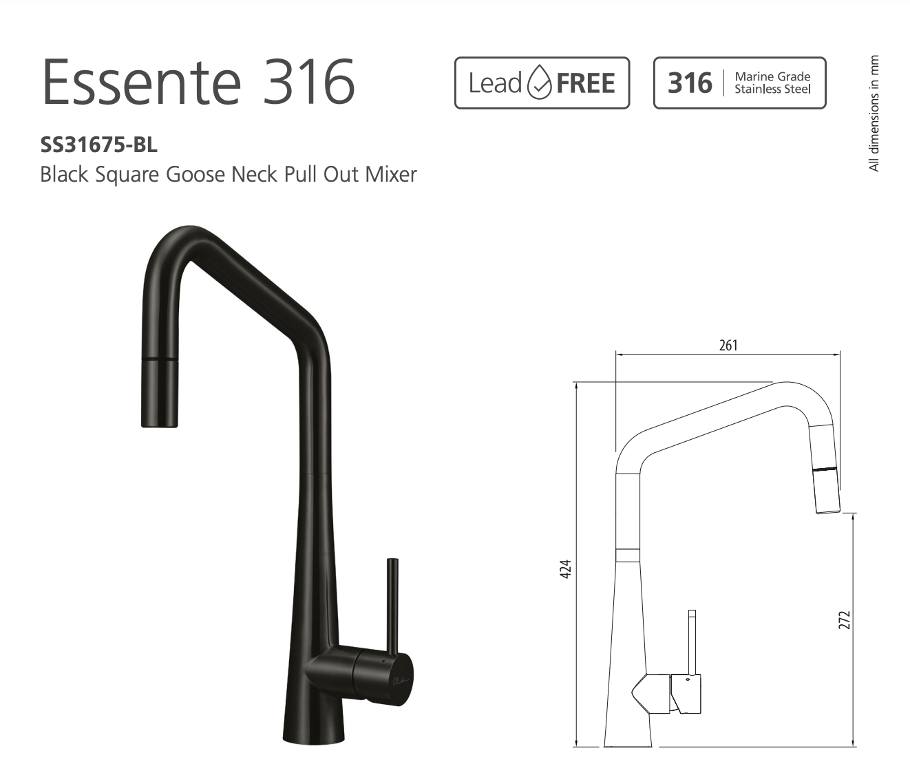 Oliveri SS31675-BL Essente 316 Stainless Steel Square Goose Neck Pull Out Mixer