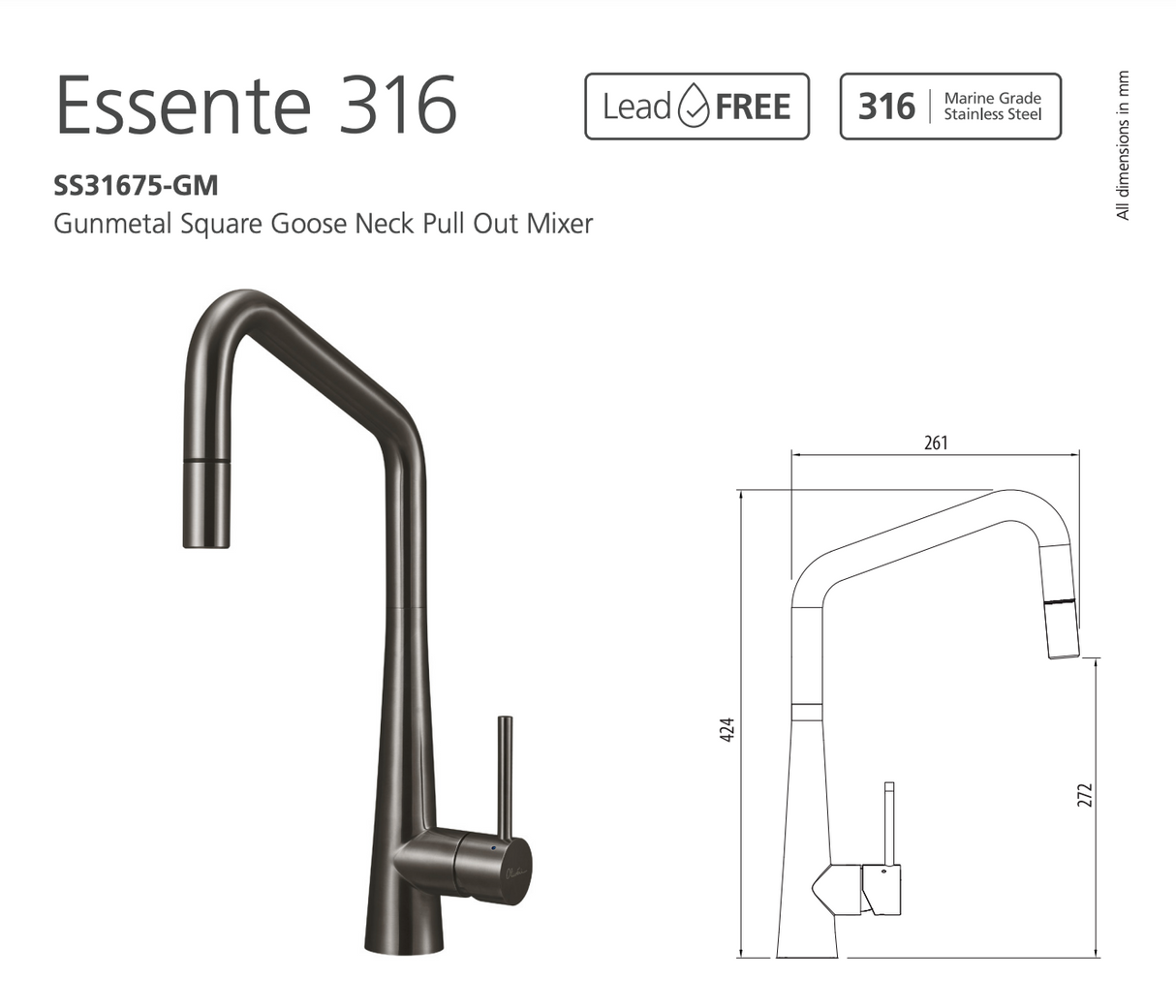 Oliveri SS31675-GM Essente 316 Stainless Steel Square Goose Neck Pull Out Mixer