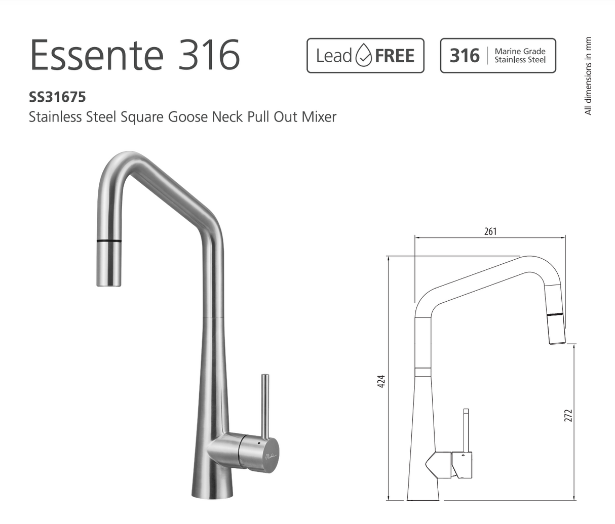 Oliveri SS31675 Essente 316 Stainless Steel Square Goose Neck Pull Out Mixer