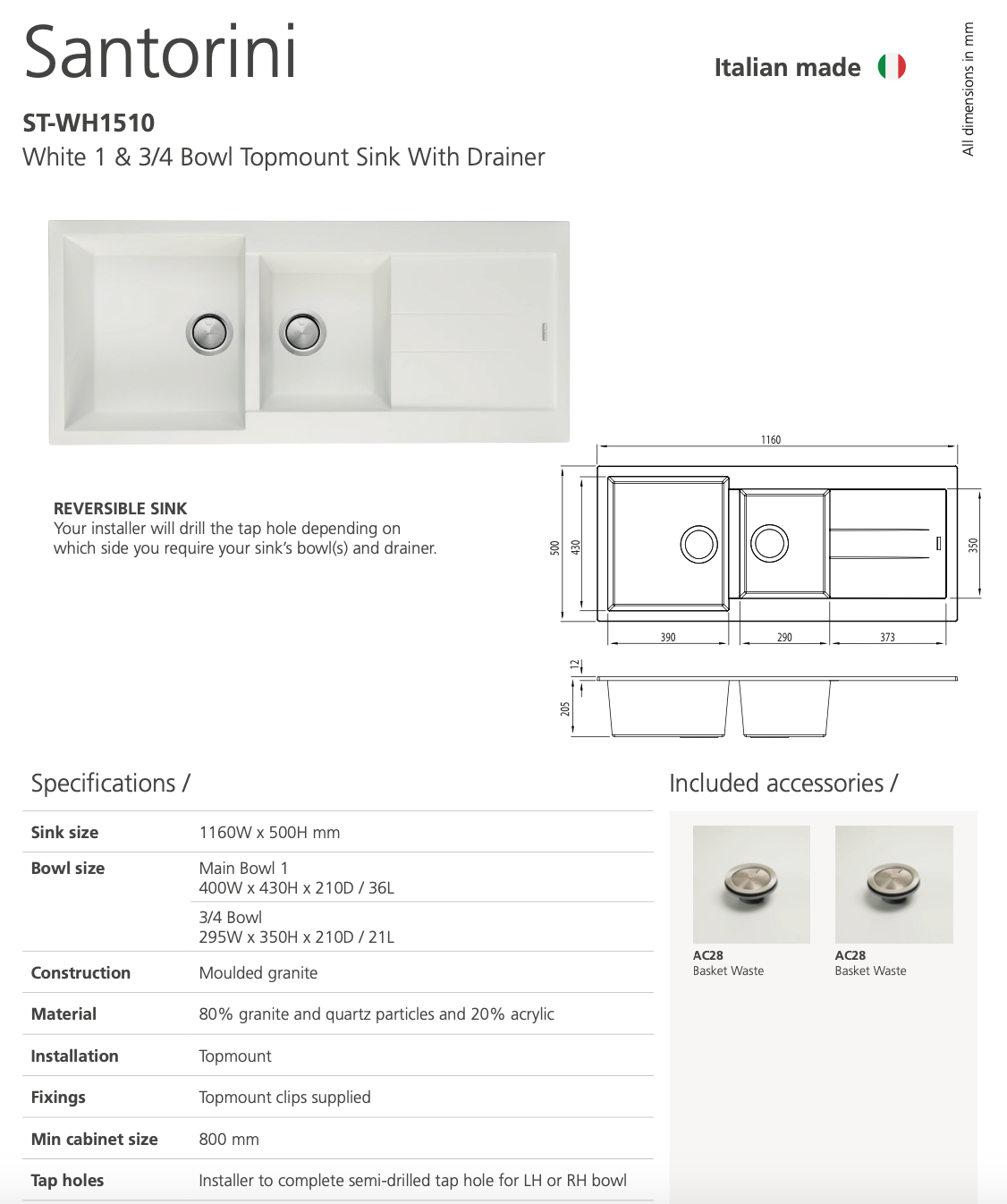 Oliveri Santorini ST-WH1510 NTH White Granite Top Mount 1 & 3/4 Sink, No Tap Hole