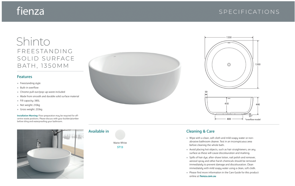 Fienza ST13 Shinto Cast Stone Solid Surface Bath 1350mm, Matte White