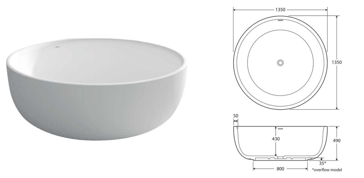 Fienza ST13 Shinto Cast Stone Solid Surface Bath 1350mm, Matte White