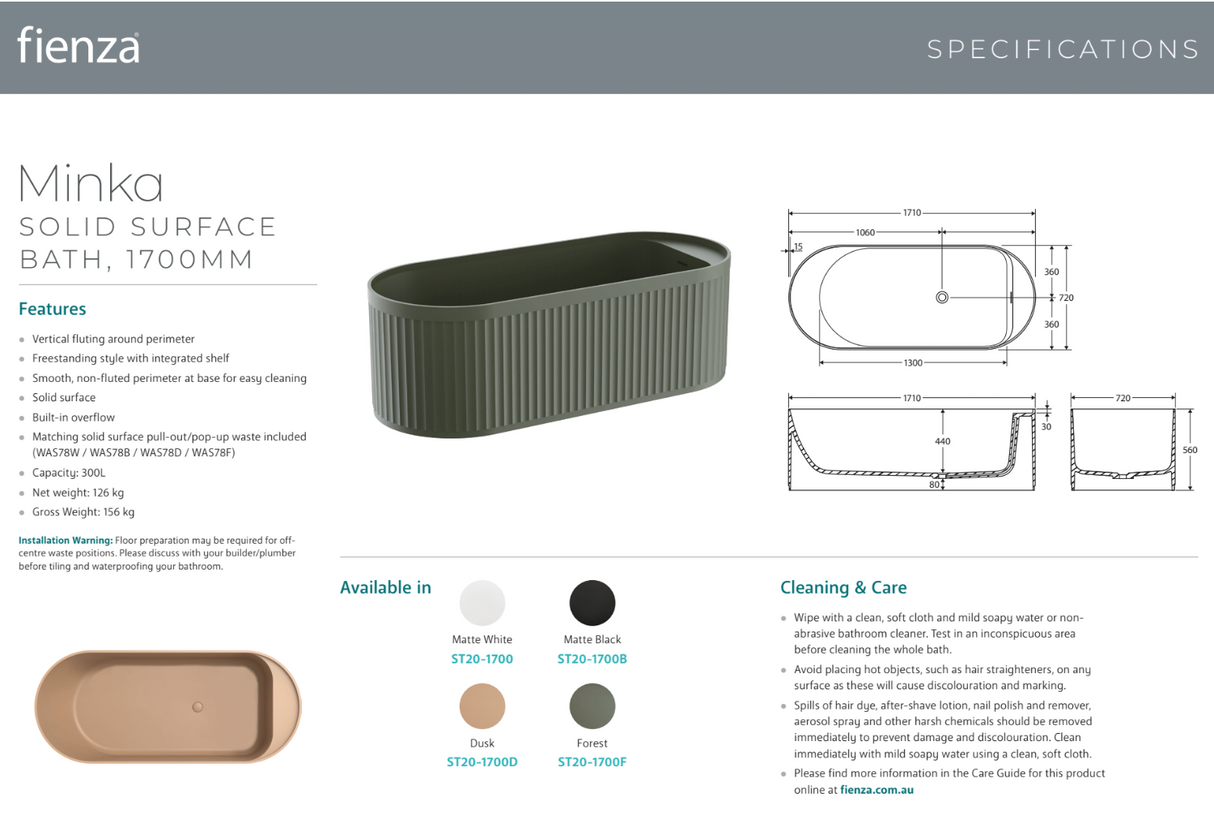 Fienza ST20-1700F Minka Solid Surface Bath, 1700mm, Forest