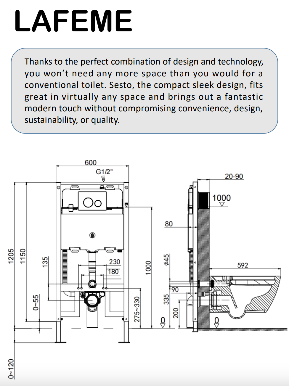 Lafeme Sesto Inwall Cistern Wall Hung Smart Toilet With Brushed Bronze Flush Plate