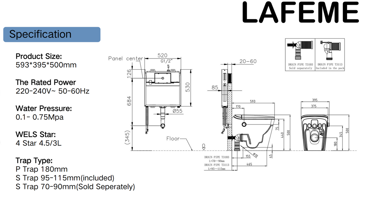 Lafeme Autolux Inwall Cistern Floor Pan Smart Toilet With Matte Black Flush Plate