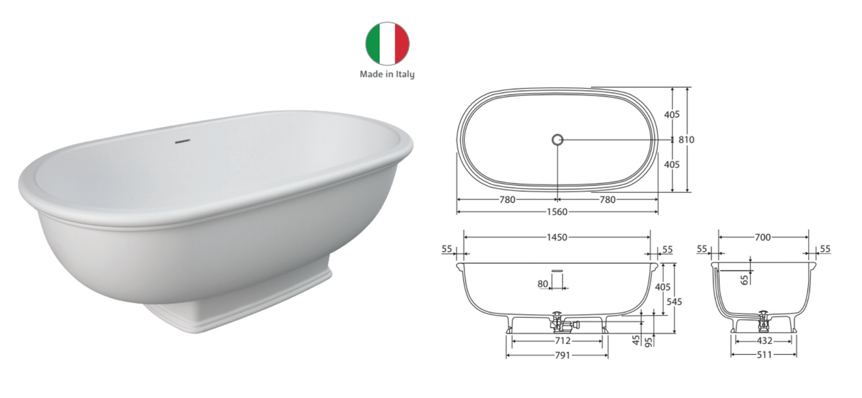 Fienza ST68 RAK Washington 1560mm Cast Stone Freestanding Bath, Matte White