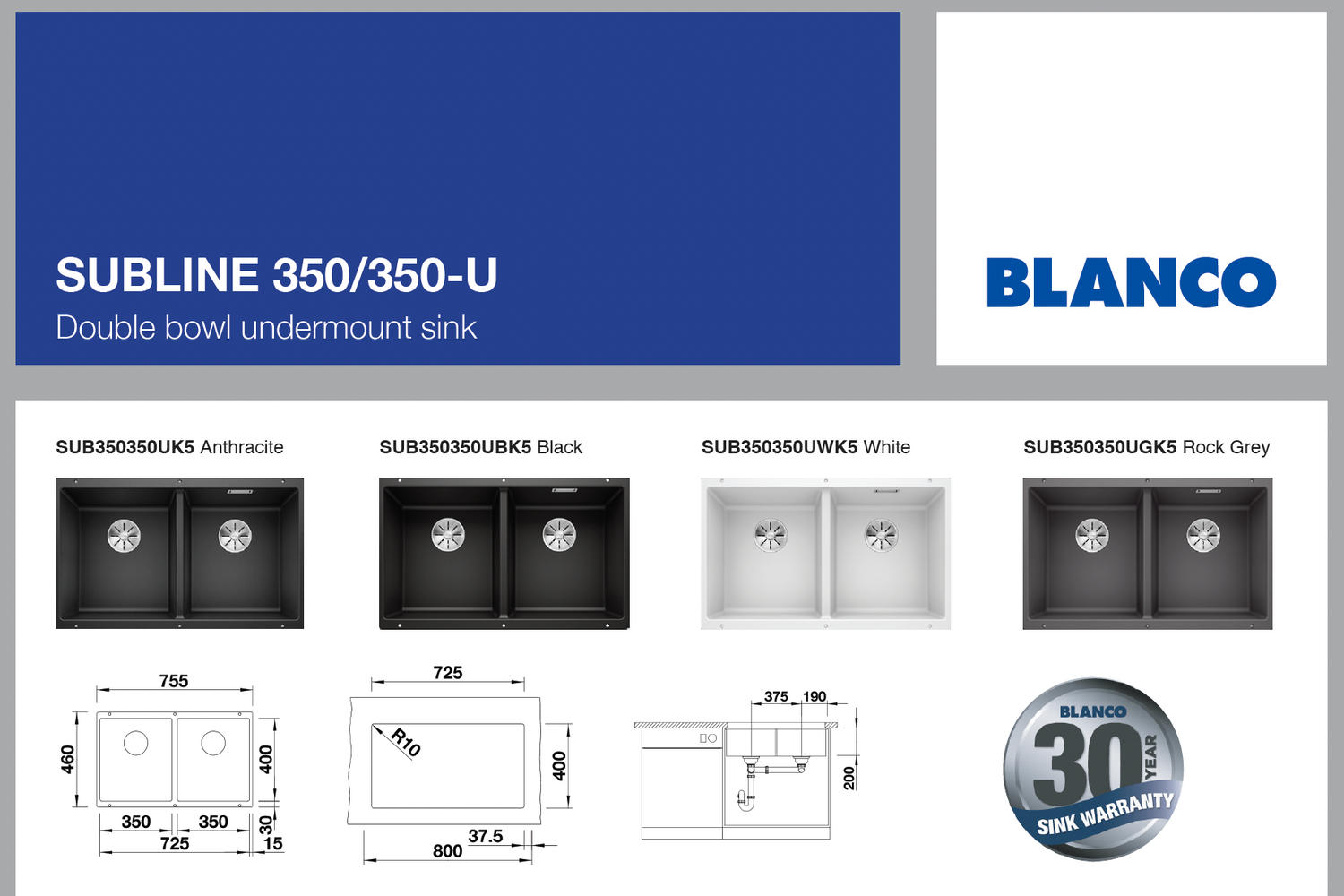 Blanco SUBLINE350350UWK5 Undermount White Kitchen Sink