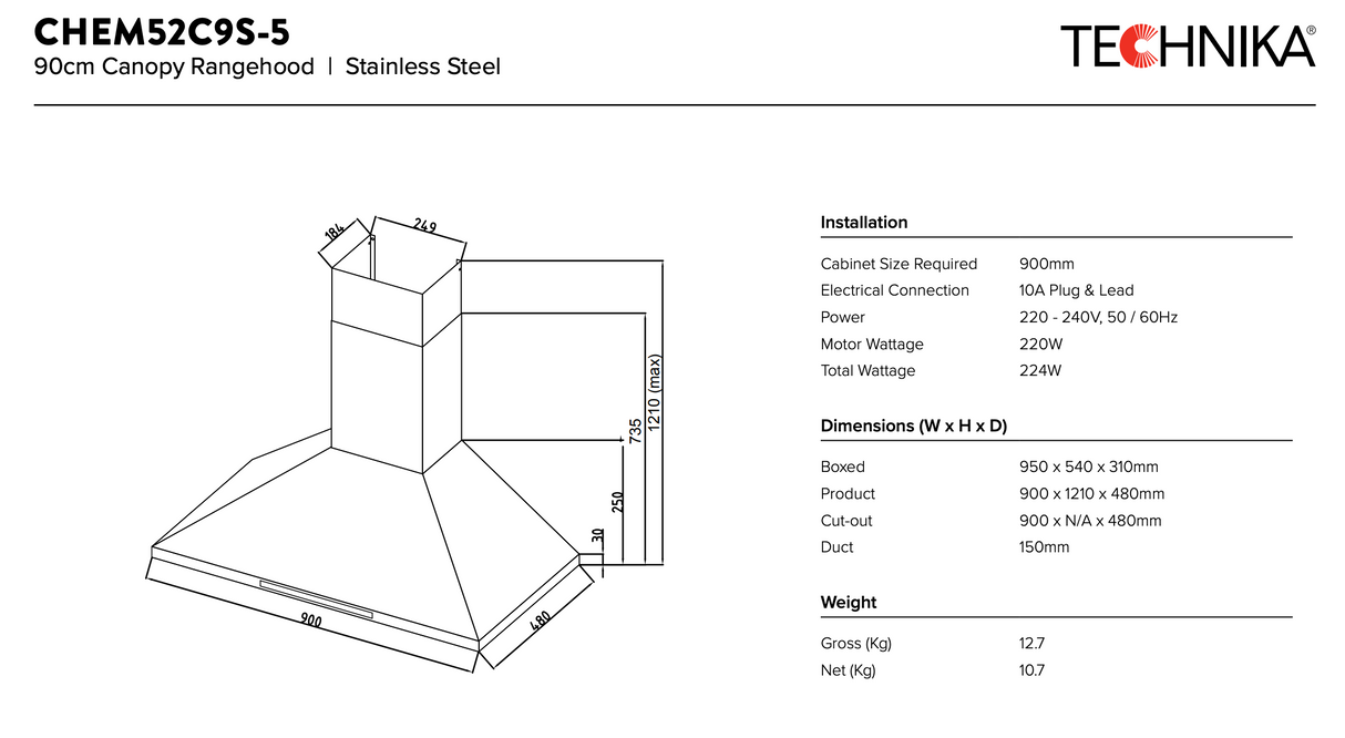 Technika Chem52C9S-5 90Cm High Extraction Rangehood Canopy Rangehoods