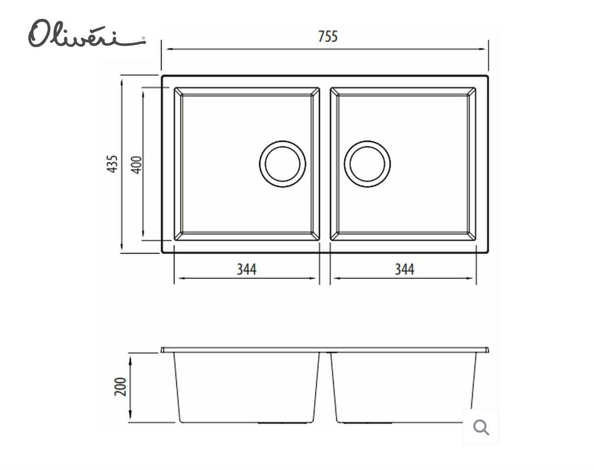 Oliveri Santorini ST-WH1573U Double Bowl Black Granite Undermount Sink